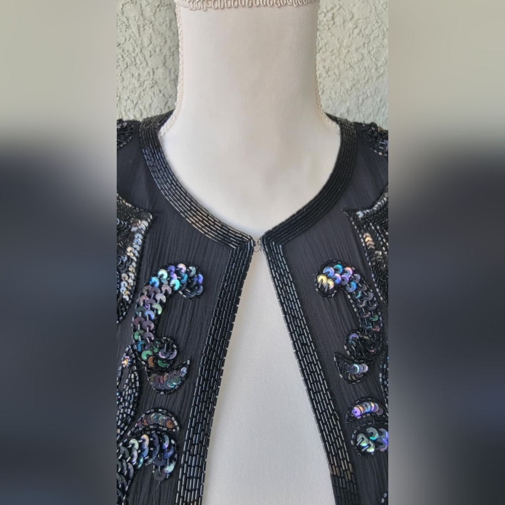 Vintage Beaded Silk Evening Jacket Sequin Blazer Glam Art Deco Style - Picture 8 of 13